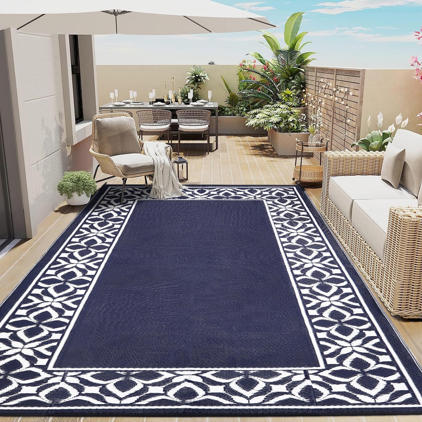 PureCozy Outdoor Plastic Straw Rug Navy Blue Large Outside Waterproof Outdoor Patio 8x10 Carpet Geometric Reversible Mat Modern for Camping RV Porch Deck Balcony Beach