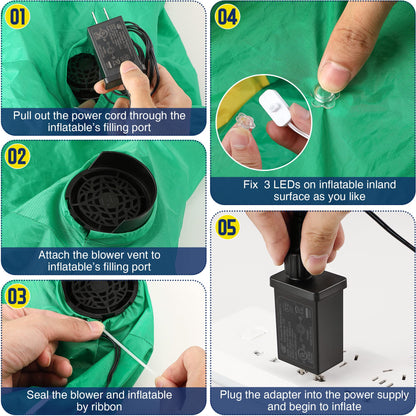 Hiboom 2 Pack Replacement Fan Blower, 12V 1.2A Mini Air Blower with 3 LED Light String for Inflatables Indoor Outdoor, 12V 1.5A Adapter for Halloween Christmas Holiday Inflatables Fan Blow up Motor