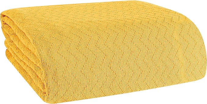 BELIZZI HOME 100% Cotton Bed Blanket, Breathable Thermal Blanket Full -Queen Size, Soft Chevron 90 inch x90 , Perfect for Layering Any All Season, Mustard Yellow