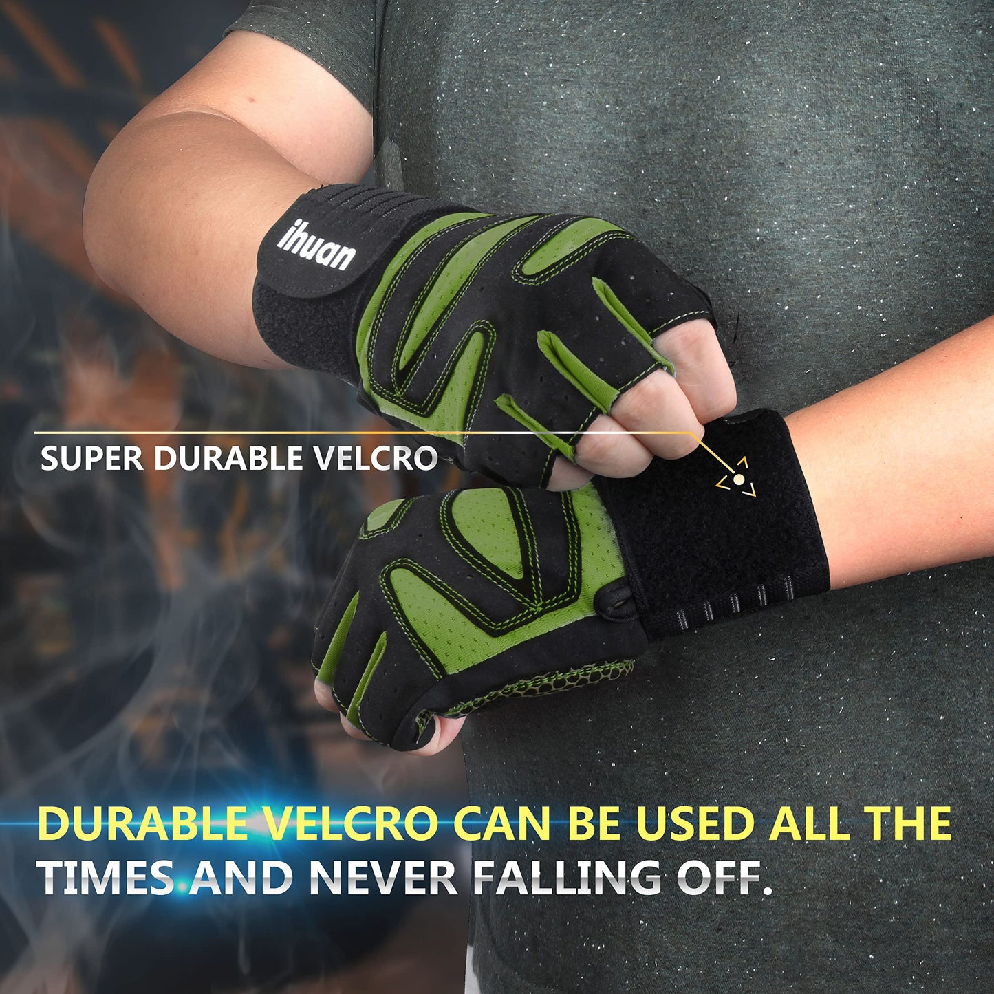 ihuan Ventilated Weight Lifting Gym Workout Gloves with Wrist Wrap Support for Men & Women, Full Palm Protection, for Weightlifting, Training, Fitness, Hanging, Pull ups (Dark Green, L)