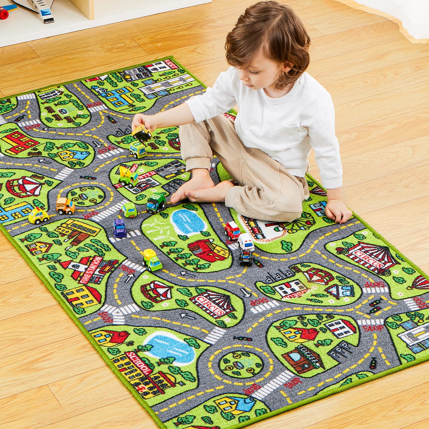 JOYIN Kids Toy Rug Gift Set-City Playmat with Road Tracks & 12 Vehicles,Educational Carpet for Boys Girls,City Pretend Play,Durable Playroom Toy Mat for Kids,148x80cm