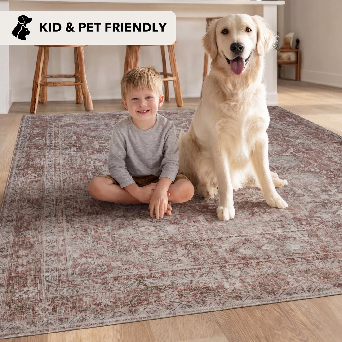 Kuden 4x6 Area Rug, Machine Washable Area Rug with Non-Slip Backing, Vintage Style, Soft, Easy Clean, Low Pile Rug for Living Room, Bedroom, Dining Room