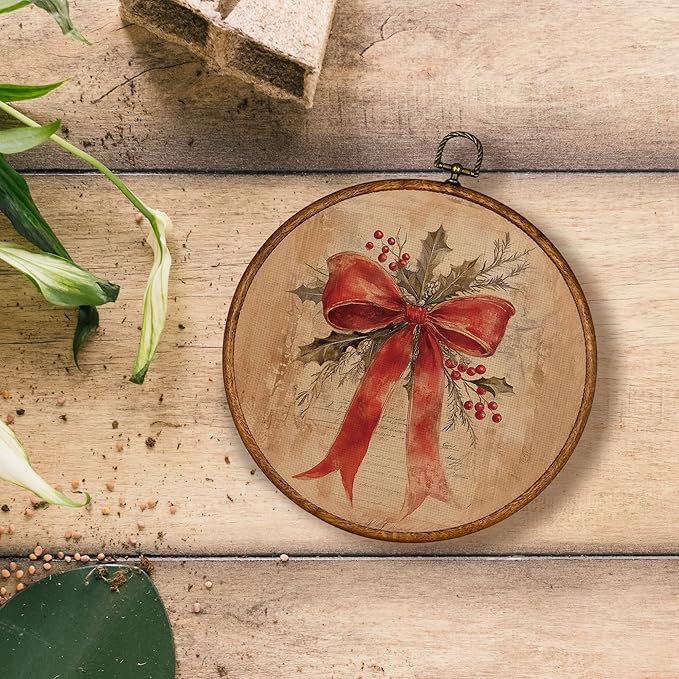 KSDUT Christams Wall Decor Art - Vintage Xmas Bow Wall Art Canvas Frame Hanging Prints, Retro Rustic Holiday Round Wall Art Decor for Home Bedroom Decorations 10"x10"