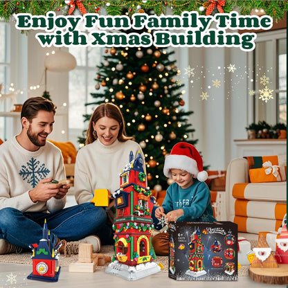 Christmas Countdown Tower House Building Toys - LED Light Christmas Village House Building Set with Countdown Clock, Festival Model Gift Idea for Kids 6+