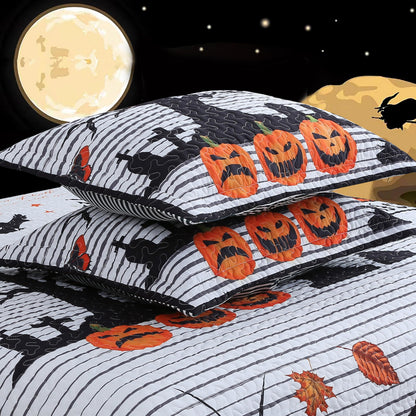 MarCielo 3 Pcs Halloween Quilt Bedspread Set Crows Pumpkins & Ghosts Spooky Comforter Set (Halloween Black, King)