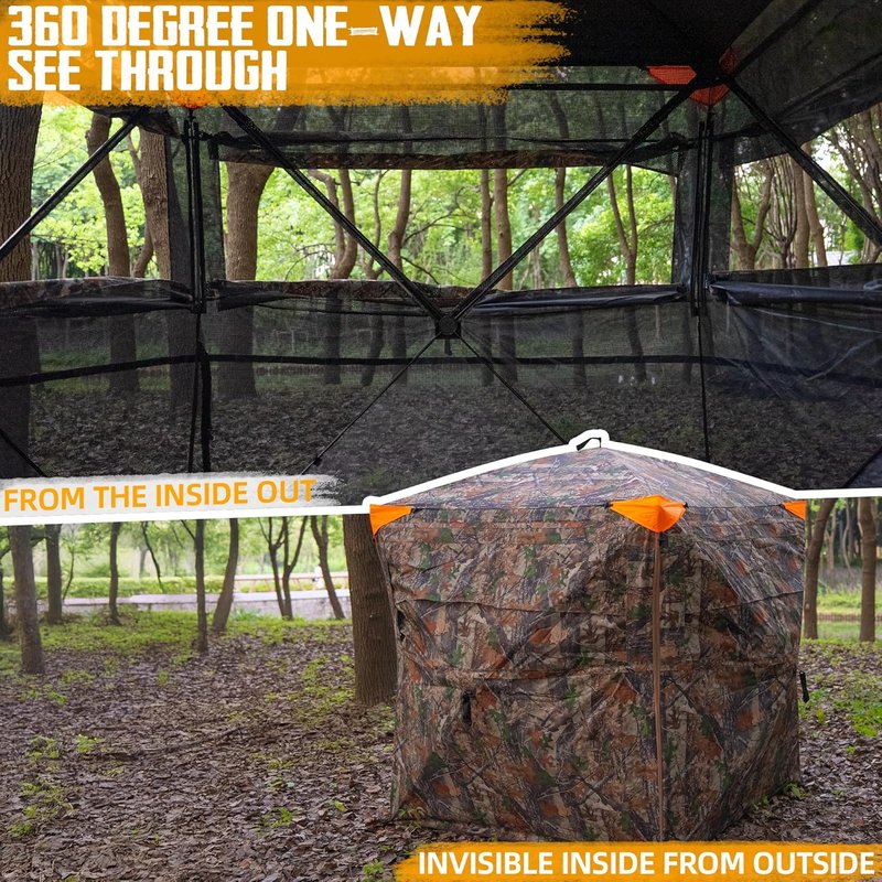 Hunting Blind - 360° See-Through Ground Blind with Chair & Floor Mat | 2-3 Person Camouflage, 58" W x 58" L x 66" H