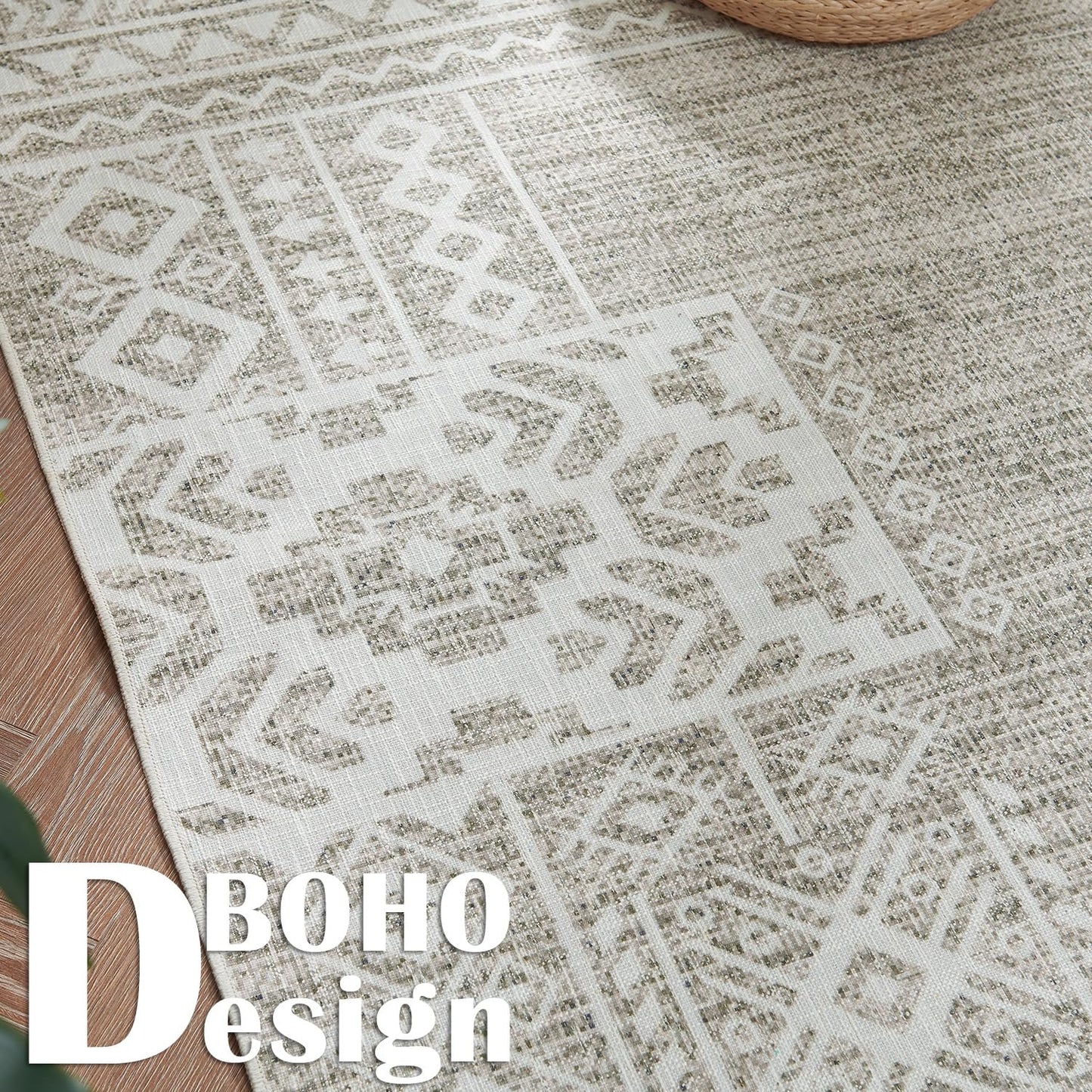 jinchan Area Rug 4x6 Ultra-Thin Washable Vintage Boho Geometric Entryway Rug Non-Slip Non-Shedding Carpet for Living Room Bedroom Brown Ivory