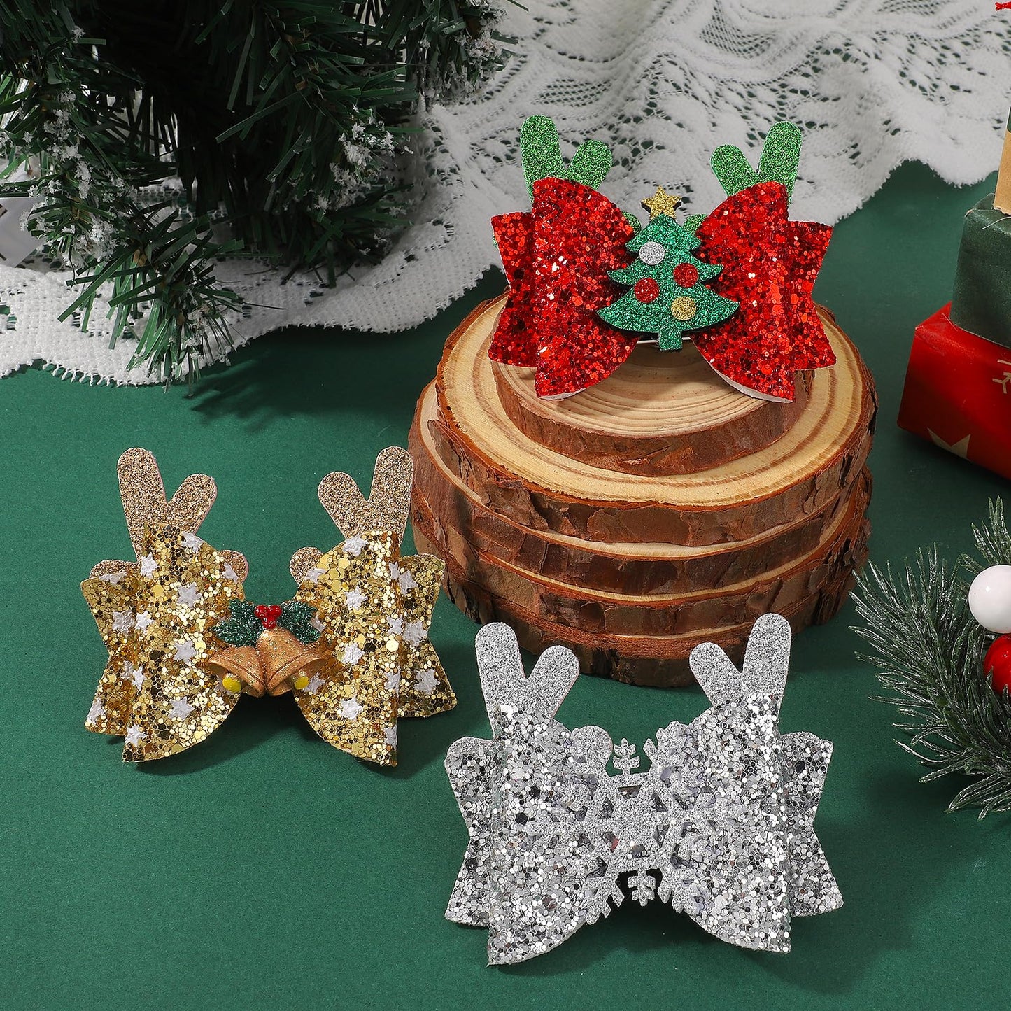 choicbaby 6pcs Christmas Hair Bows Clips 3" Glitter Sequin Baby Girl Hair Bows Christmas Tree Snowflake Bell Hair Accessories for Baby Girls Toddler Kids