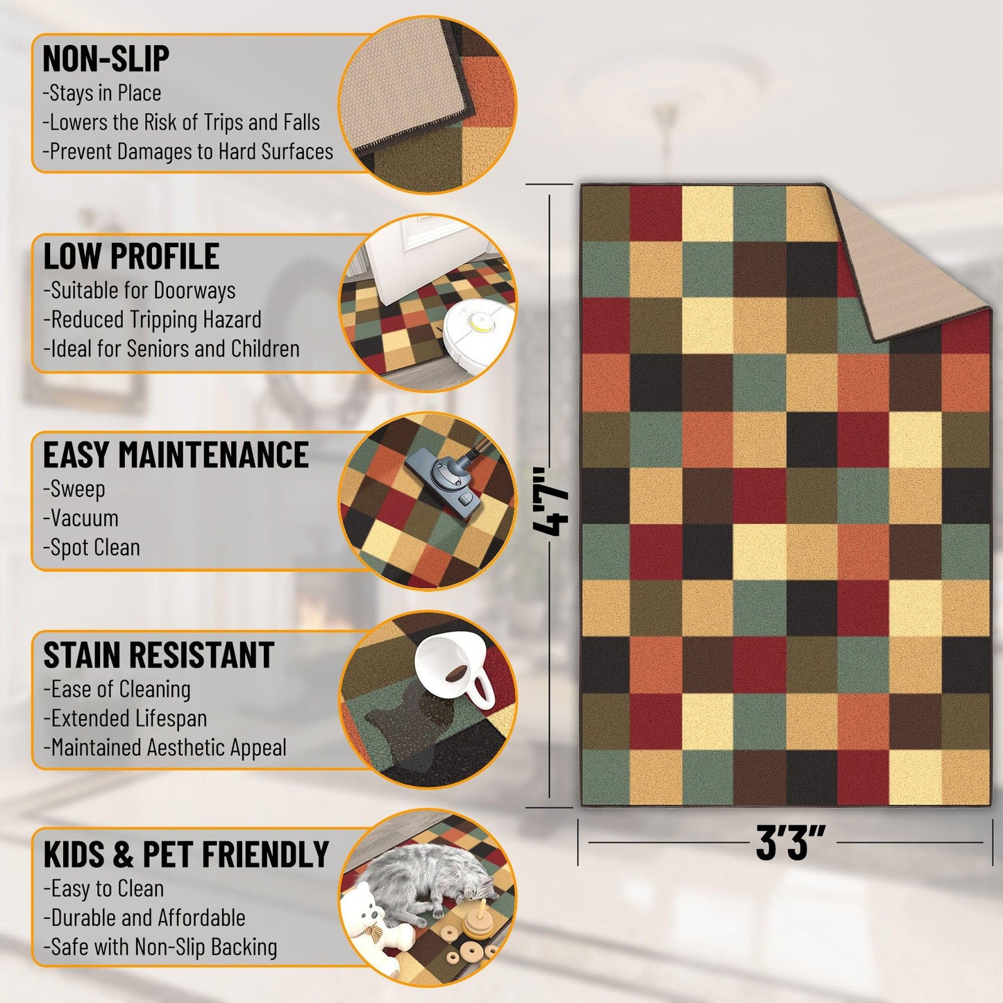 Ottomanson 3'3" x 4'7" Area Rug – Non Slip Low Pile Stain Resistant Accent Rug for Bedroom, Entryway, Bedside, Kitchen & Living Room, Checkered Multicolor