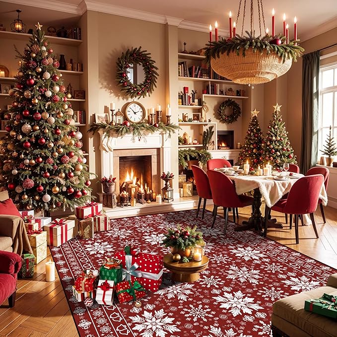 5' X 7' Christmas Rugs Xmas Area Rug for Living Room Bedroom Dining Room Dorm Classroom Nursery Red Snowflake and Plaid Carpet Doormat Floor Mat Pad Winter Vintage
