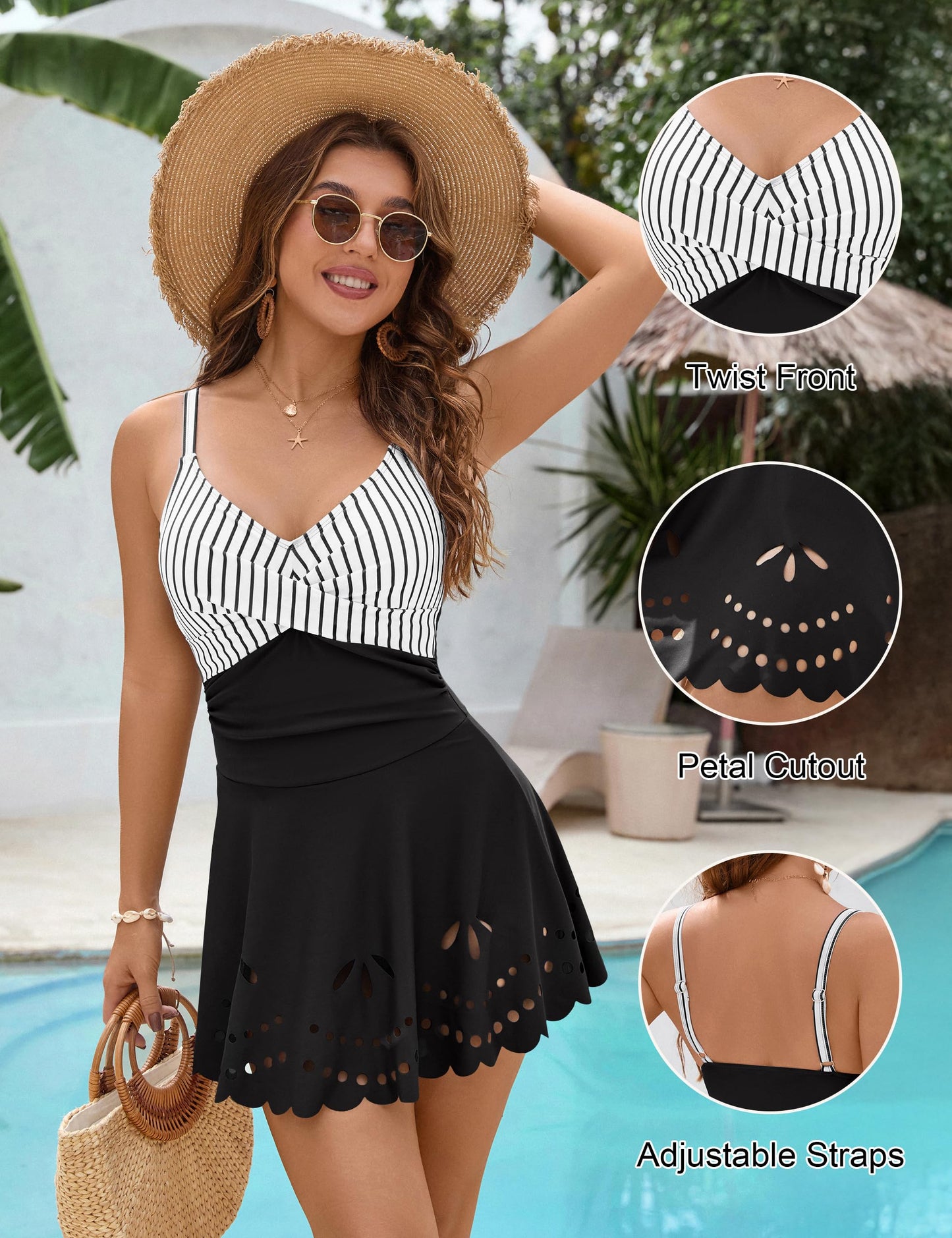 Blooming Jelly Womens Tummy Control Swimsuits Cute One Piece Bathing Suit Twist Front Swimming Suits (L, Striped Black)