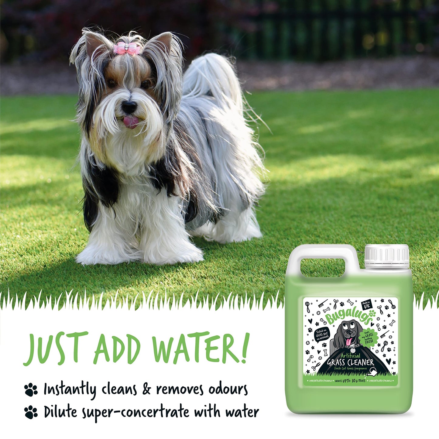 BUGALUGS Artificial Grass Cleaner - Dog Safe, Pet Disinfectant & Lawn Deodoriser - Puppy Urine Cleaner & Odour Eliminator - 1L Super Concentrate - Made in UK Cruelty Free (Fresh Cut Grass 1L)