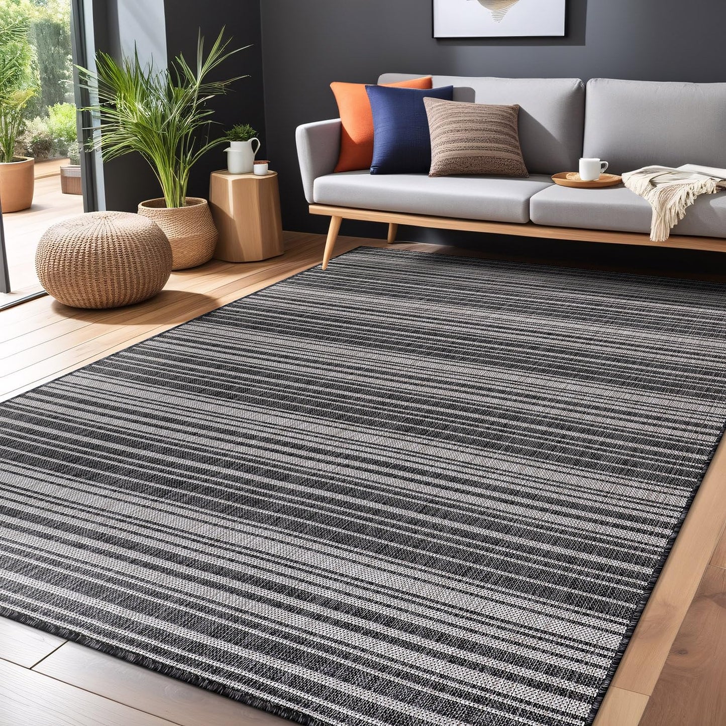 Luul Home Stripe Outdoor Rug 5x7 Washable Outside Carpet for Indoor Patio Porch Waterproof Easy Cleaning Non Shedding Area Rugs Dark Gray 5 x 7