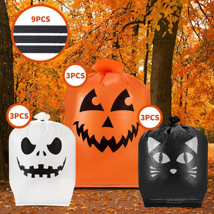 Guheake 9 Pcs Halloween Pumpkin Leaf Bags - Halloween Leaf Lawn Bags with Twist Ties, Plastic Jack-o-lantern Pumpkin Lawn Bag Thanksgiving Fall Leaf Trash Bags for Yard Lawn Garden Decorations Outdoor