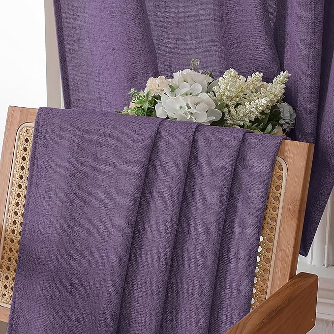 Tollpiz Linen Tier Curtain Rod Pocket Semi Sheer Half Kitchen Curtains Burlap Light Filtering Thick Linen Drape for Bathroom, 30 x 36 inches Long, Royal Purple, Set of 2 Panels