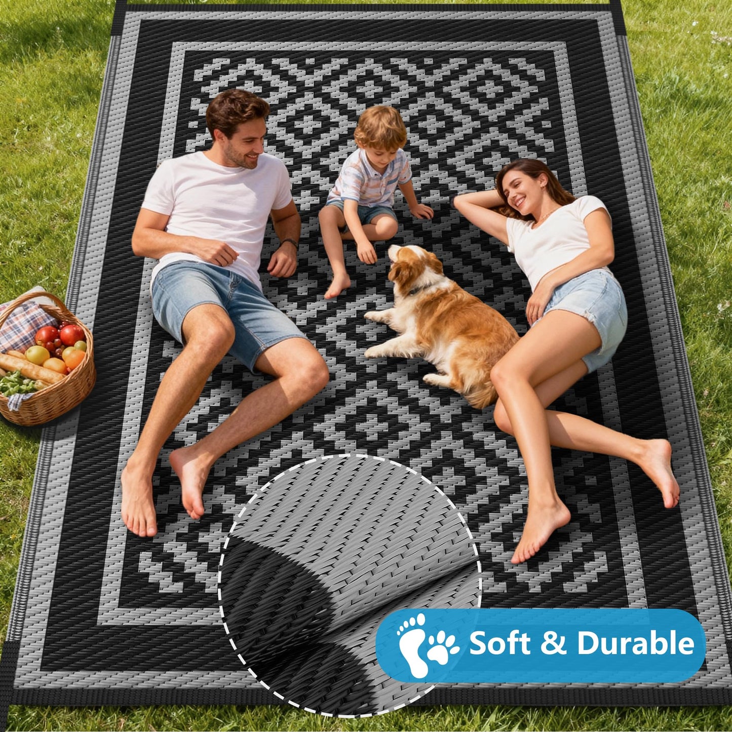 Kohree RV Outdoor Rug 8x10 Reversible, Waterproof Patio Mat with 4 Stakes & UV Fade Resistant, Non-Slip Outdoor Camping Mat for Deck, Picnic, Backyard, Includes Carry Bag (Black & Grey)