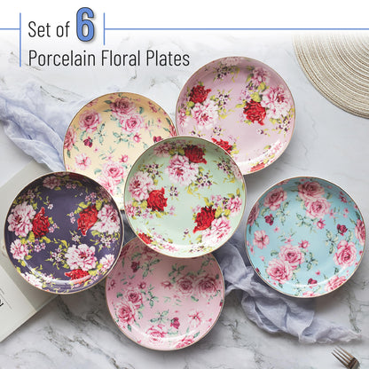 BTaT- Porcelain Floral Dessert Plates, 8 inch, Set of 6, Deep Plates, Porcelain Bone China, Appetizer Plates, Floral Plates, Salad Plates, Small Plates Set, Small Dishes