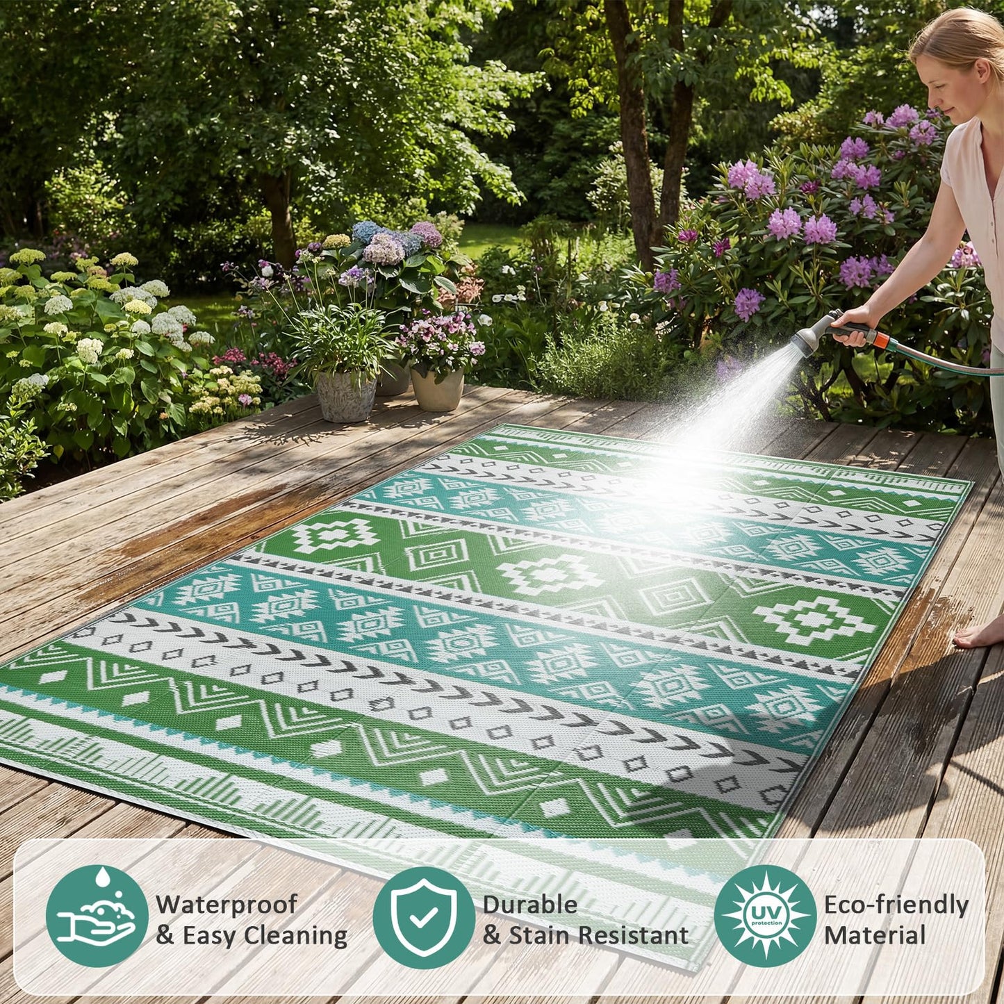 Outdoor Area Rug 6x9 Waterproof Patio Rug Reverisble Plastic Straw Outdoor Mat, Portable RV Mat Carpet for Deck, Camper, Porch, Balcony, Backyard, Picnic, Blue