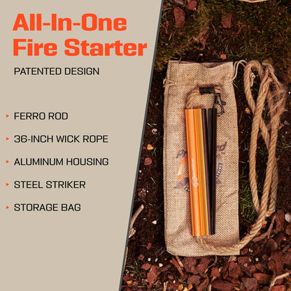 Fire Starter Survival Tool - All-in-One Patented Flint and Steel Fire Starter Kit - Ferro Rod Fire Starter with 36" Waterproof Tinder Wick Rope and Steel Fire Striker | Prepared4X
