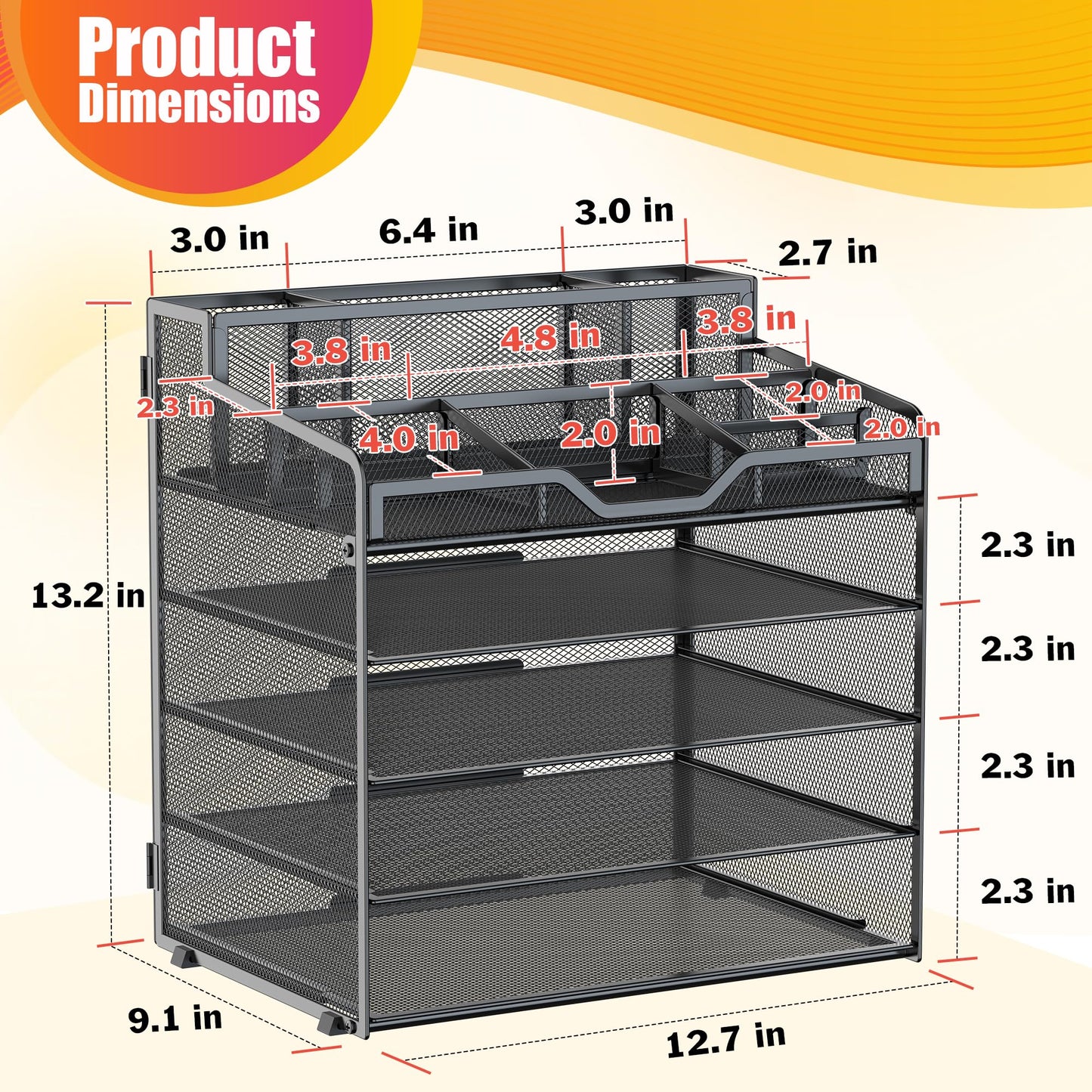 Docnest Multi-Functional Desk Organizer Tray, 5 Tier Paper Letter Tray Organizer with 3 Pen Holder, Mesh Desktop Storage with 5 Adjustable Compartments for Office Supplies-Black
