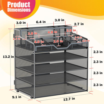 Docnest Multi-Functional Desk Organizer Tray, 5 Tier Paper Letter Tray Organizer with 3 Pen Holder, Mesh Desktop Storage with 5 Adjustable Compartments for Office Supplies-Black