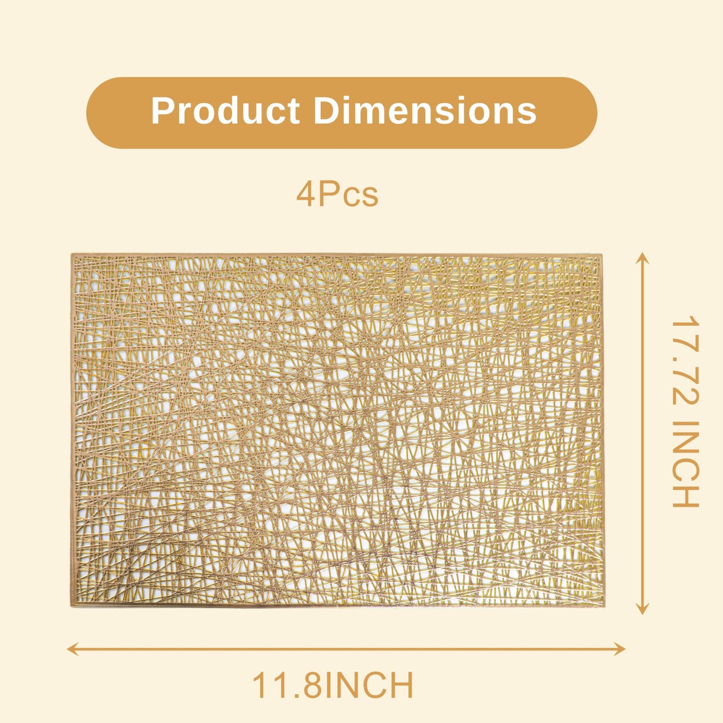 Snowkingdom Gold Placemats Set of 4, Golden Vinyl Rectangle Metallic Wipeable Place mats, Washable Non Slip Stain Resistant Hollow Kitchen Dining Table Mats for Halloween Wedding Party Decoration