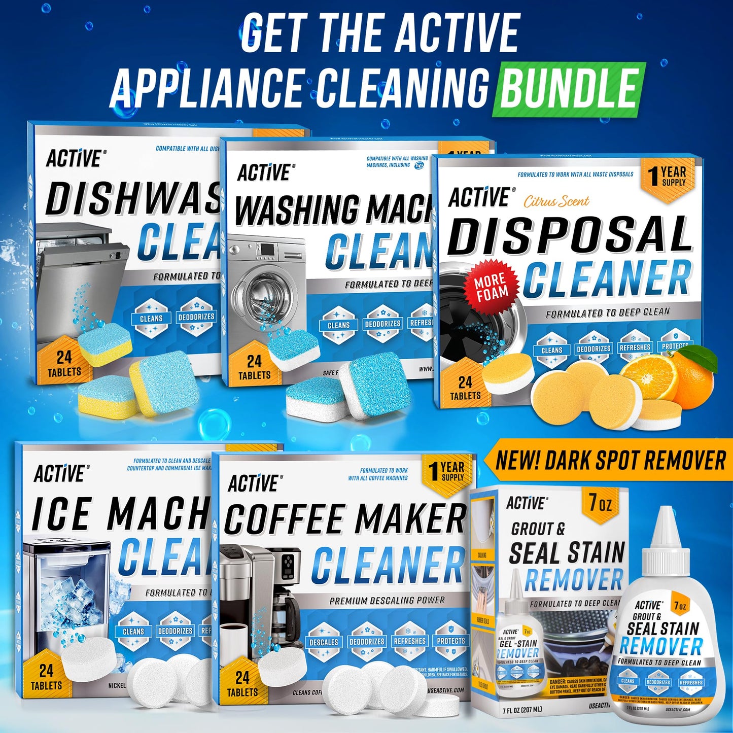Washing Machine Cleaner Descaler 24 Tablets - ACTIVE Deep Clean Freshener for HE, Front and Top Load Washer, Septic Safe Eco Limescale and Odour Eliminator, Laundry Tub Seal Cleaning- 12 Month Supply