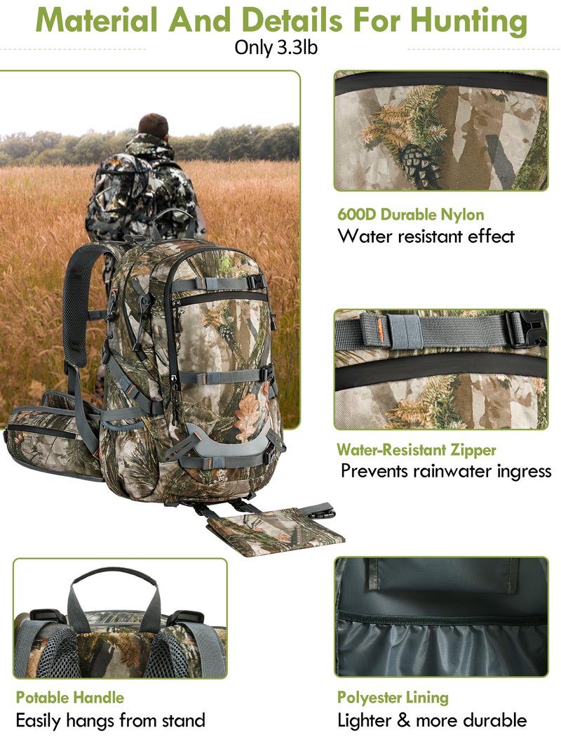 Camo Hunting Backpack for Men, 35L Durable Hunting Pack, 600D Daypack with Rain Cover, Interal Frame Support
