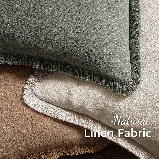 MIULEE Decorative Throw Pillow Covers Neutral Linen Fringe Throw Pillows Euro Shams Set of 2 Light Olive Green Boho Farmhouse Cushions for Couch Sofa Bed Living Room Spring Home Decor 26x26 Inch
