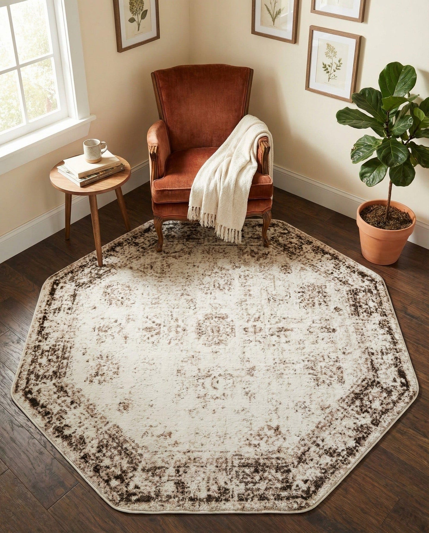 Rugs.com Monte Carlo Collection Rug – 5' Octagon Beige Medium Rug Perfect for Living Rooms, Kitchens, Entryways