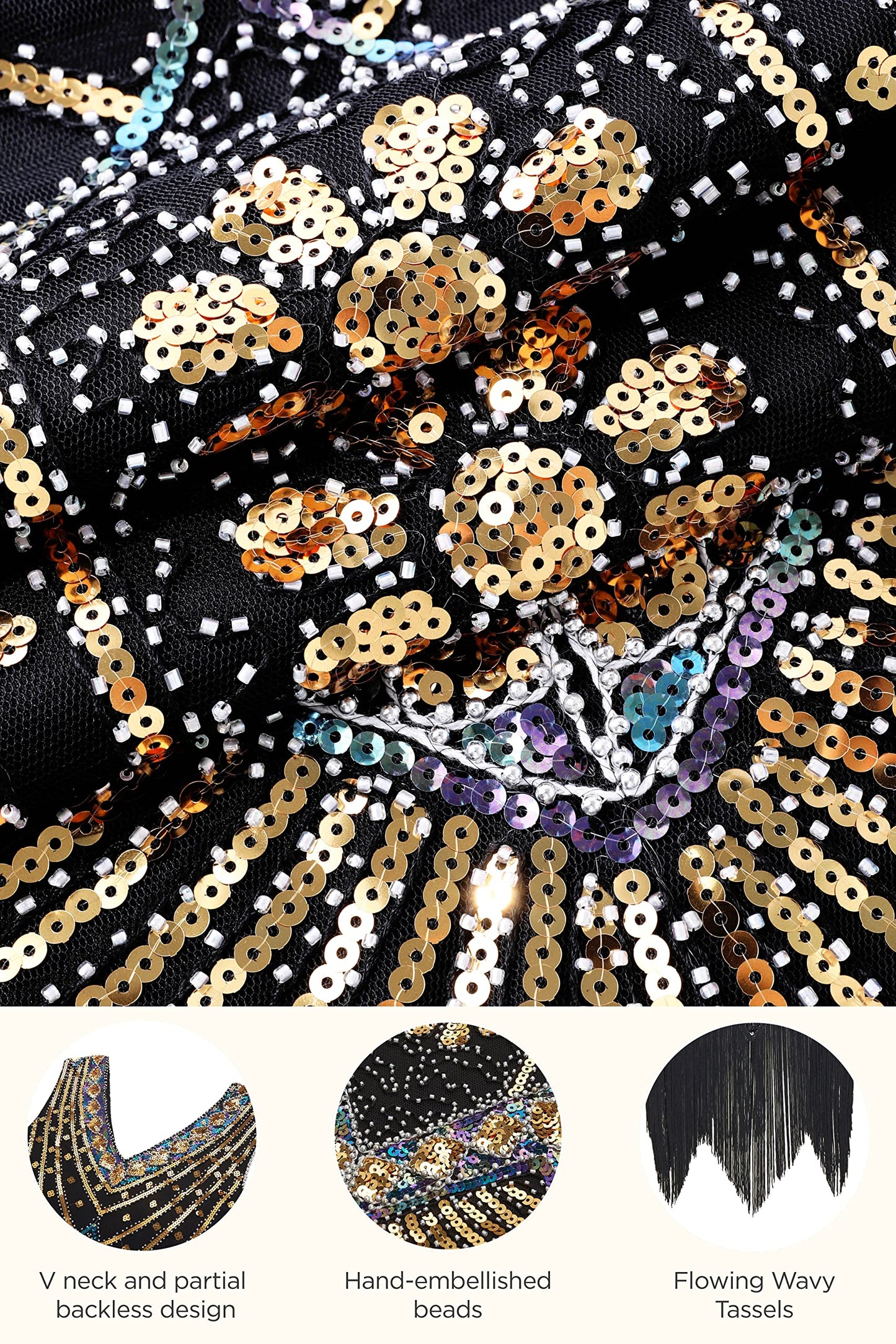 BABEYOND Women's Flapper Dresses 1920s V Neck Beaded Fringed Great Gatsby Dress Gold