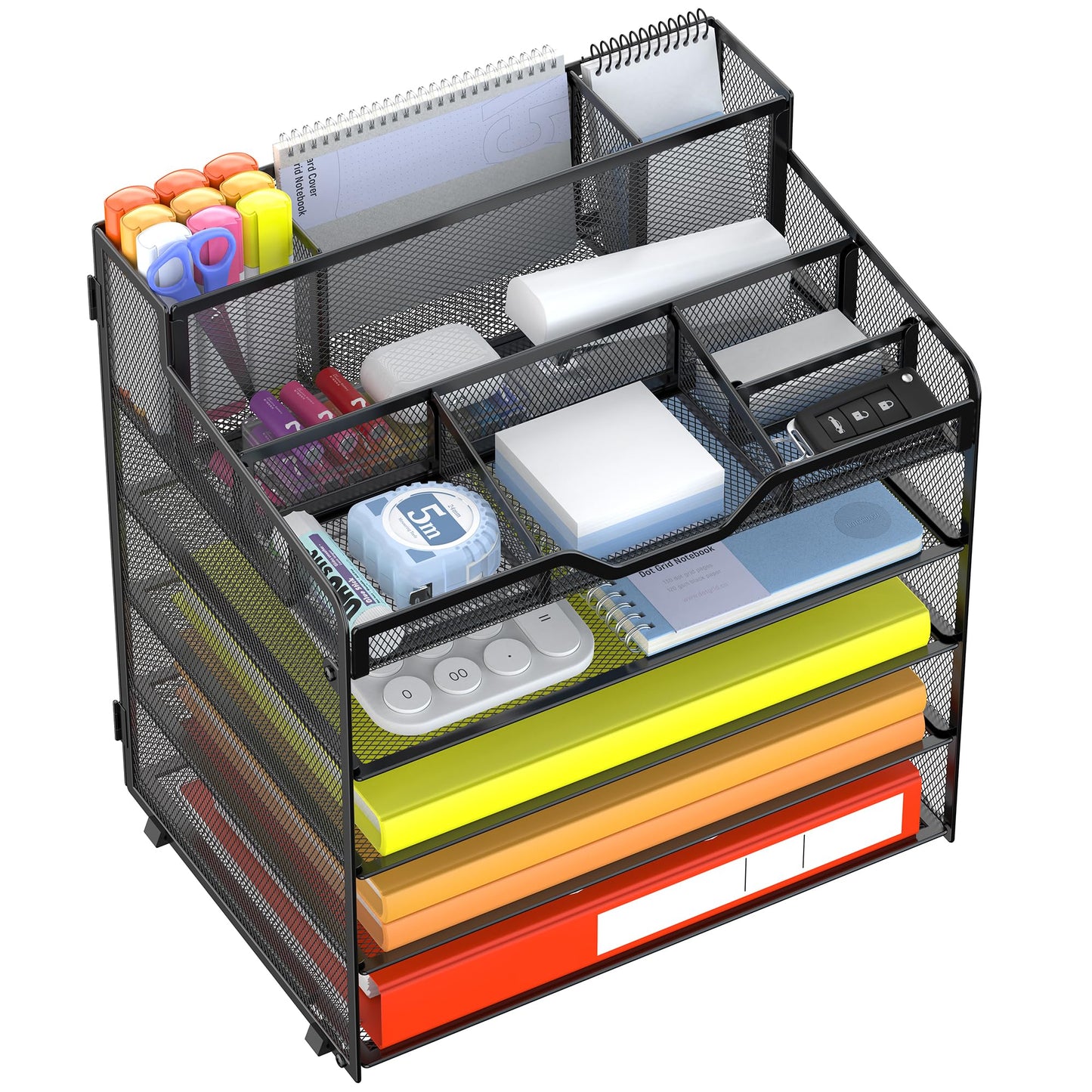 Docnest Multi-Functional Desk Organizer Tray, 5 Tier Paper Letter Tray Organizer with 3 Pen Holder, Mesh Desktop Storage with 5 Adjustable Compartments for Office Supplies-Black