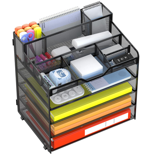 Docnest Multi-Functional Desk Organizer Tray, 5 Tier Paper Letter Tray Organizer with 3 Pen Holder, Mesh Desktop Storage with 5 Adjustable Compartments for Office Supplies-Black