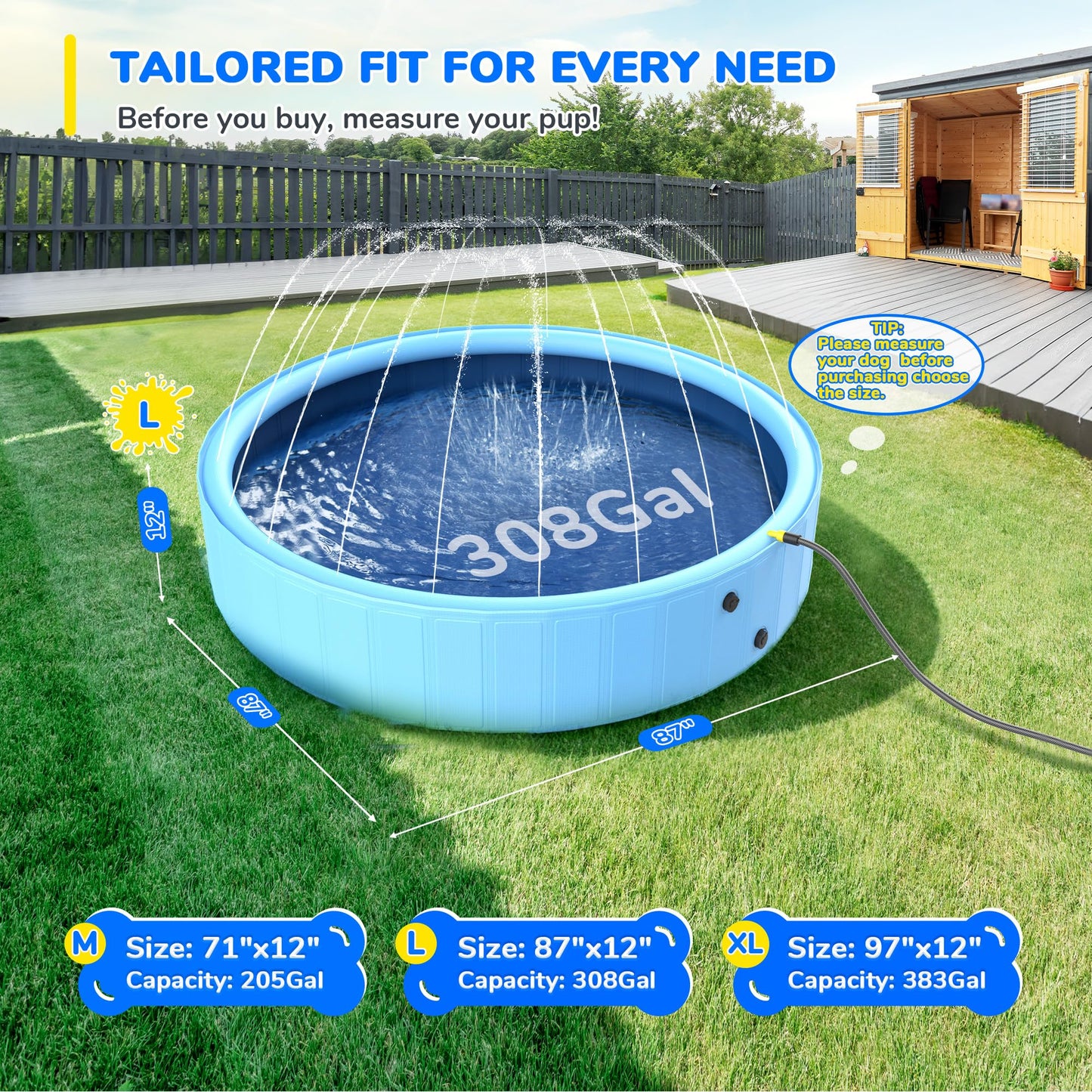 Bilibara 87'' Foldable Dog Pool, Sprinkler Pool for Kids, Non-Slip Heavy Duty Dogs Splash Pad for Small Dogs, Hard Plastic Kiddie Bathtubs for Backyard