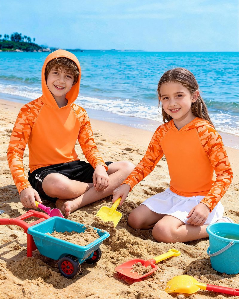 DRONIRING Boys Rash Guard Swim Hoodie, UPF 50+ UV Sun Protection Long Sleeve Fishing Shirt, Kids Youth SPF Water Shirts Orange
