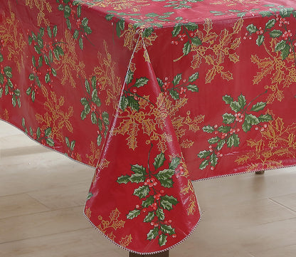 Newbridge Red Golden Holly Christmas Vinyl Tablecloth with Flannel Backing, Metallic Gold Holly & Berry Print, Wipe Clean Easy Care, 52 x 52 Inch Square
