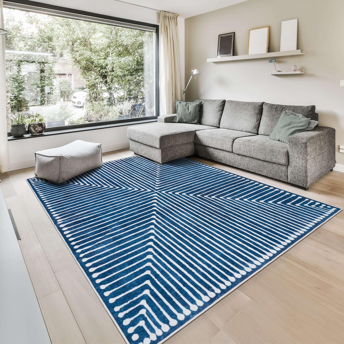 GLN Rugs Contemporary - Assos - Machine Washable Area Rug, Modern Washable, Non Slip, Low Pile Area Rug, Entryway, Hallway, Kitchen Rug - Easy Clean (3' x 5' Lines Blue)