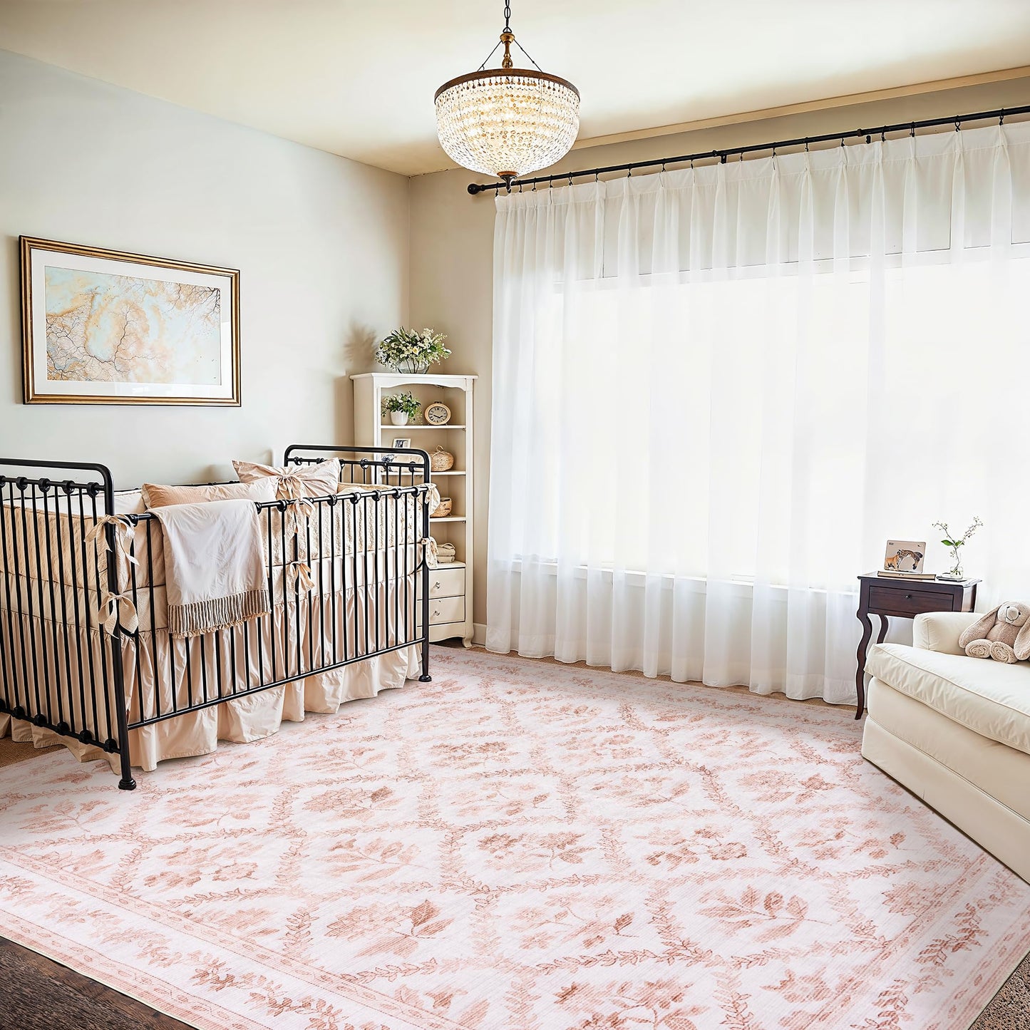 Pink Rugs for Bedroom Boho Light Blush Pink Floral Area Rugs Nursery for Baby Girl, Cute Foldable Machine Washable Distressed Carpet for Living Room Bedroom Dorm Kids Playroom 5x7
