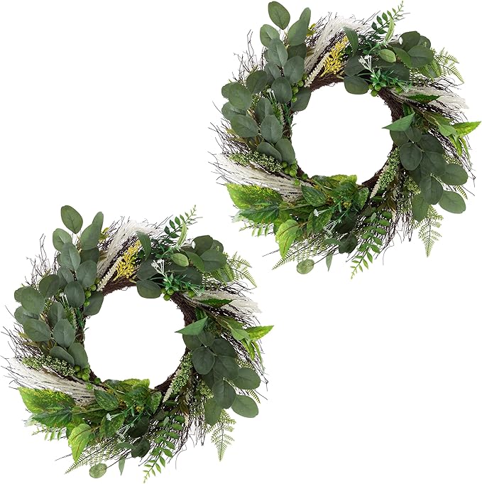 Sweet Anne Eucalyptus Wreath Set - Two 22-Inch Artificial Spring, Summer, or Fall Wreaths for Home Decor - Indoor Decor by Pure Garden