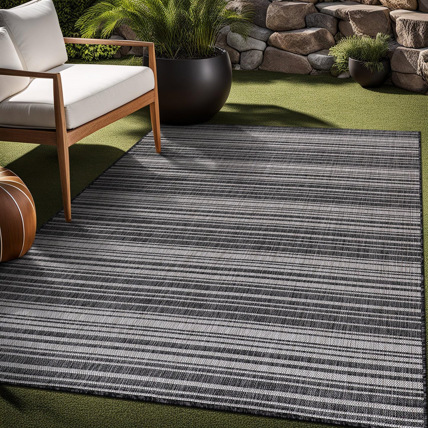 Luul Home Stripe Outdoor Rug 6x9 Washable Outside Carpet for Indoor Patio Porch Waterproof Easy Cleaning Non Shedding Area Rugs Dark Gray 6 x 9