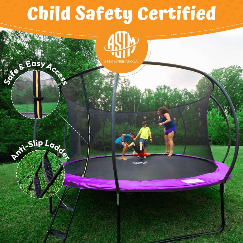 JUMPZYLLA Trampoline Outdoor 8FT 10FT 12FT 14FT 15FT 16FT with Enclosure and Ladder, ASTM Approved Recreational Trampoline for Kids and Adults, Anti-Rust Coated Frame (Purple, 16FT)