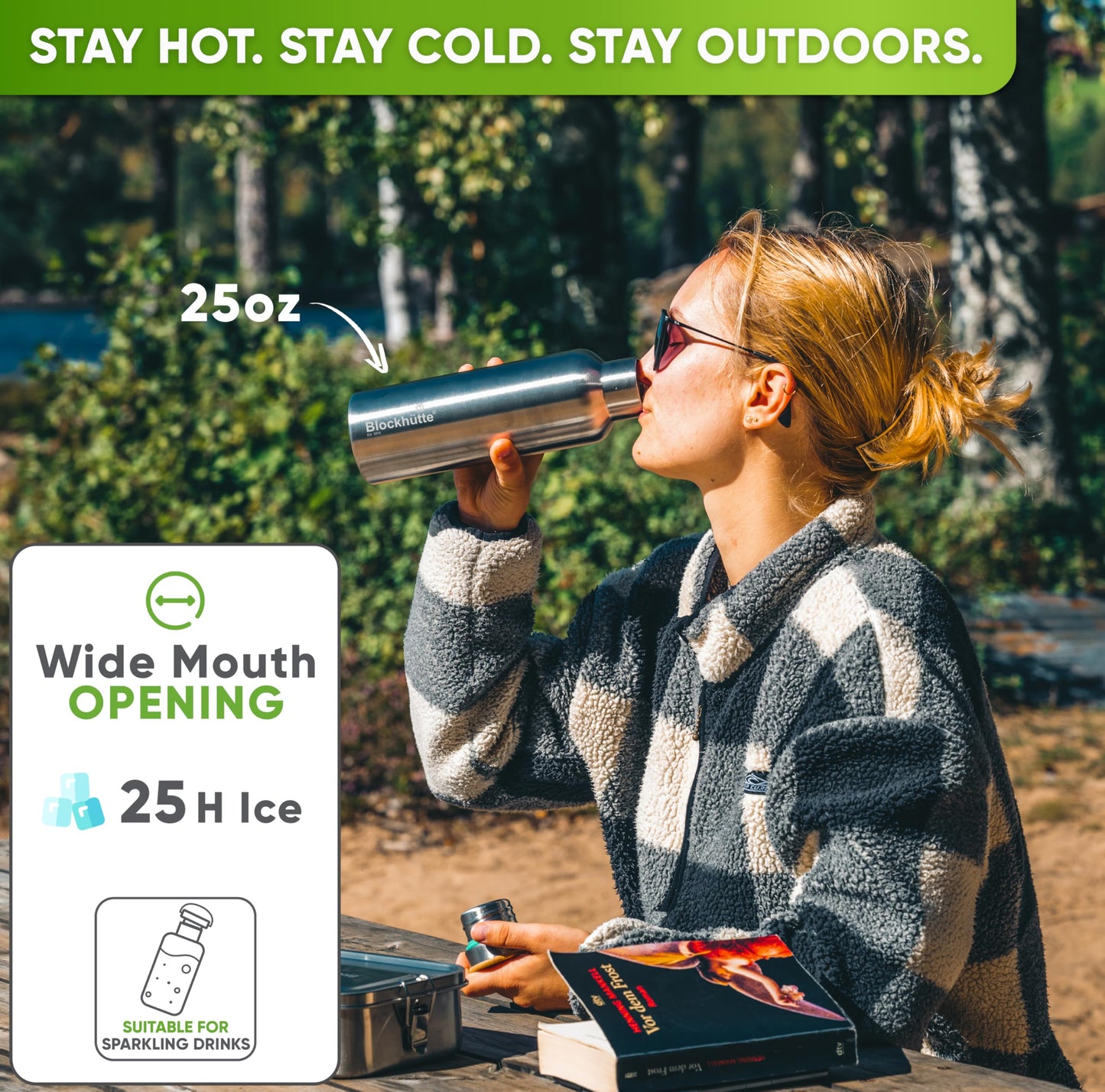 Blockhütte Vacuum Insulated Stainless Steel Water Bottle I 25 oz I Wide Mouth Metal Bottle for hot and cold drinks I BPA-Free I for Travel, School I Kids, Adults, Water Canteen, Sports, flask