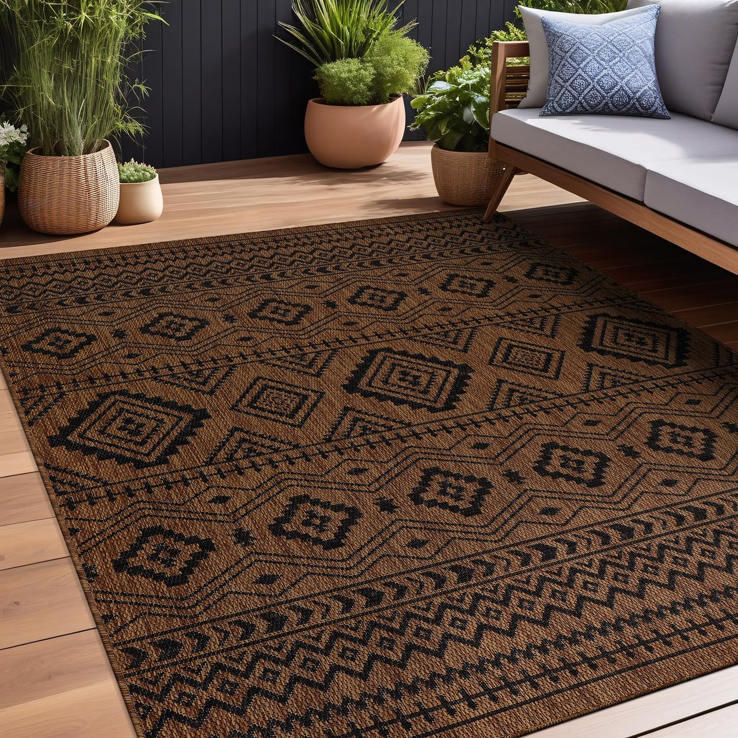 Beverly Rug Waikiki Boho Indoor Outdoor Rug 5x7, Washable Outside Carpet for Patio, Deck, Porch, Bohemian Area Rug, Farmhouse Rugs, Aztec Tribal Rug, Nut Brown and Black