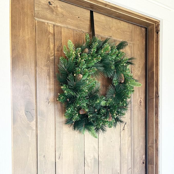 Papyrus 24" Pre-Lit Carolina Pine Artificial Wreath, Pine Cones, Warm White Light, Battery Powered, Indoor/Outdoor