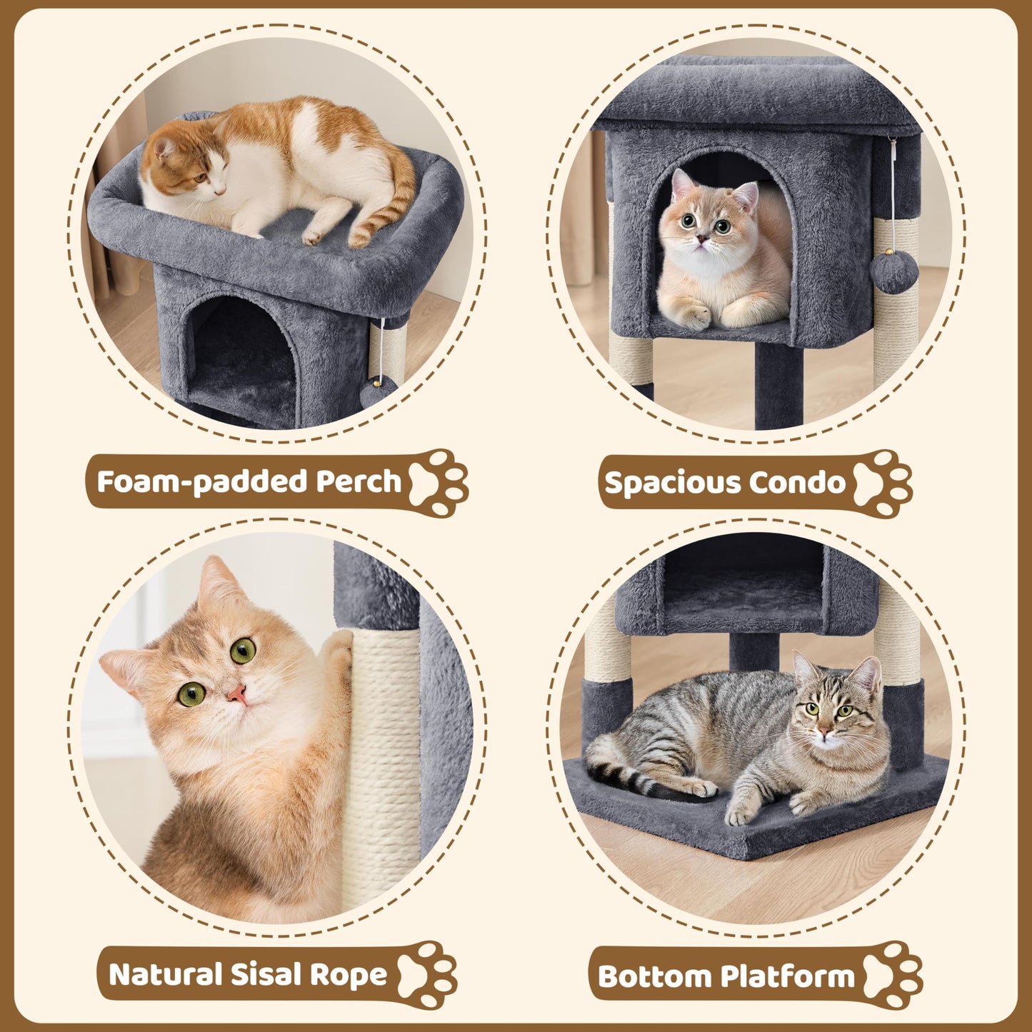 Yaheetech 59cm Basic Cat Tree Tower, Cat Scratching Post w/Oversized Perches, Condo and Hanging Ball, Pet Furniture House for Kittens Pets, Dark Grey
