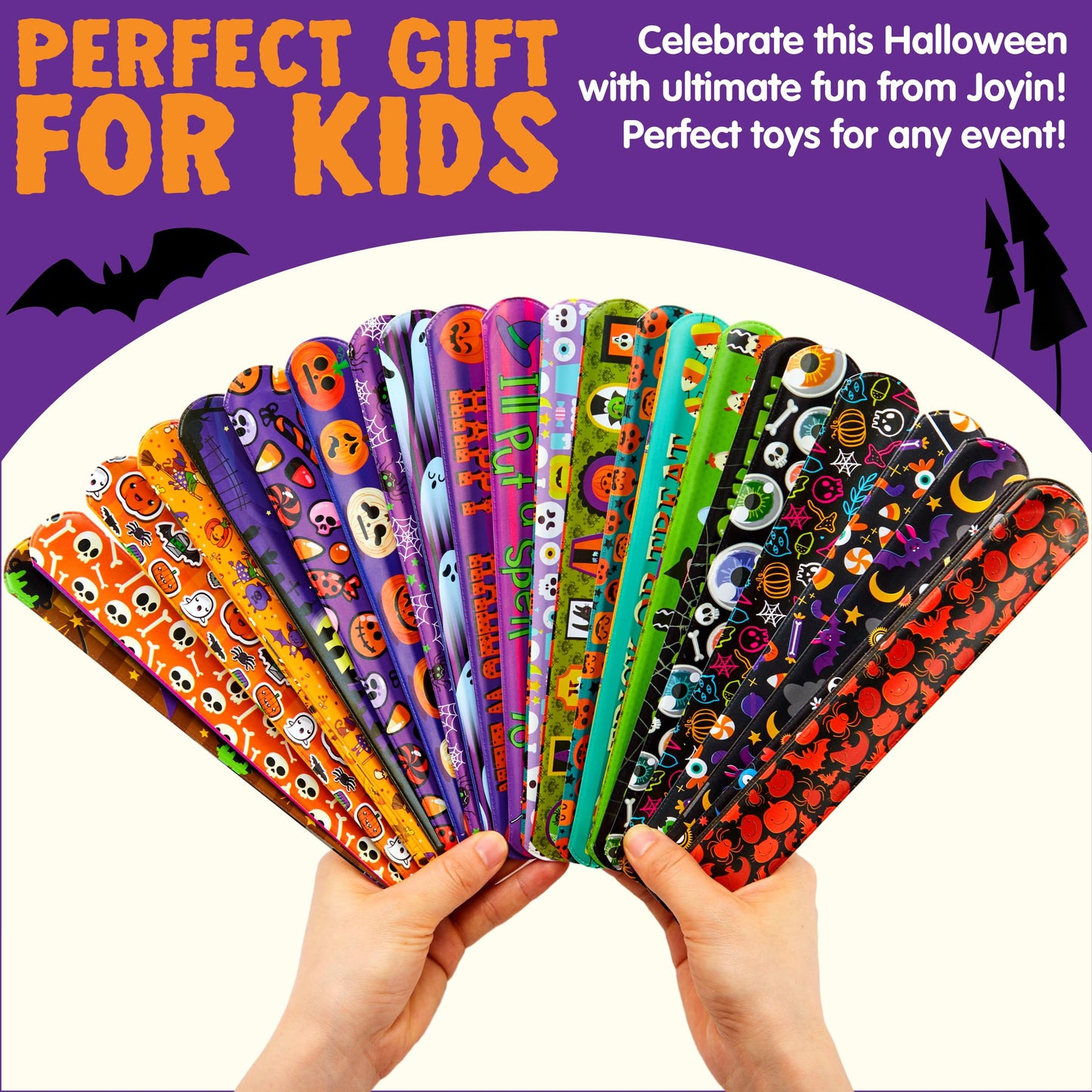JOYIN 100 PCS Halloween Slap Bracelets for Kids, Halloween Bracelets Bulk for Girls Boys Gifts, Friendship Bracelets Snap Bracelets for Halloween Party Favors Goodie Bag Fillers