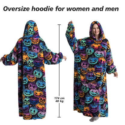 Capecage Blanket Hoodie, Long Hooded Blanket Sweatshirt as Birthday Gifts for Women Men, Long Wearable Blanket for Men Women,Pumpkin Hoodie Blankets for Women Men