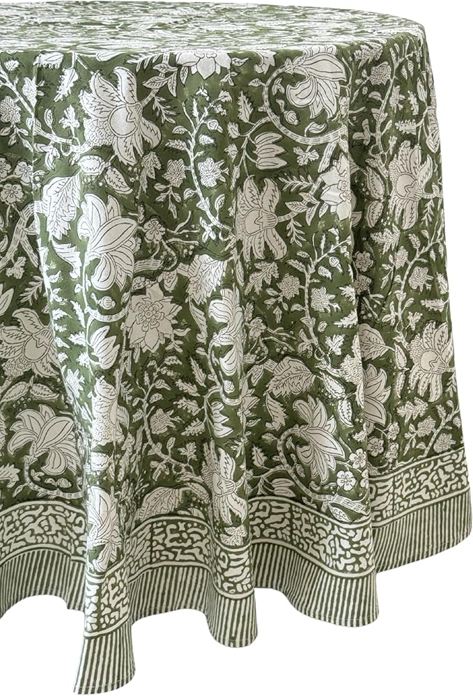 ATOSII Noori Green 100% Cotton Round Tablecloth, Handblock Print Floral Table Cloth for Kitchen Dining Linen I Parties, Weddings, Outdoors I Summer Home Decor 72" Inches Round