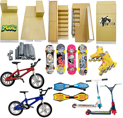 STASHABLES Finger Skateboard Ramp Set – Finger Skatepark Kit 16 Pieces – Skate Park Kit Including mini Skateboards, Ramps, Scooters, Skates, Bikes and Caster Boards – Fingerboard Skate Set