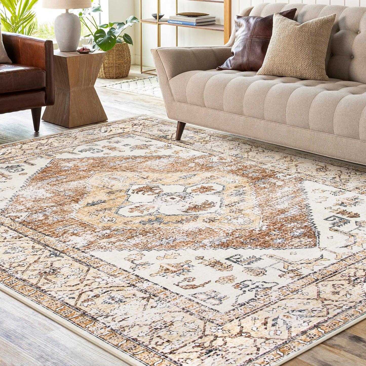 Lahome Rug for Living Room Machine Washable Area Rug 6x9 Boho Non Slip Bedroom Carpet Throw Ultra Thin Carpet for Dining Room, Farmhouse Neutral Print Soft Indoor Mat for Office Adelyn (Taupe, 6'x9')